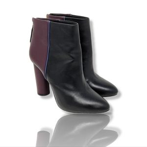 CAbi Leather Colorblock Black & Wine Heeled Platform Booties, 7